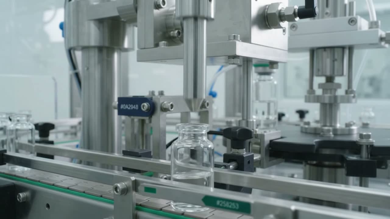 Filling pumps dispense liquid into glass vials on a conveyor