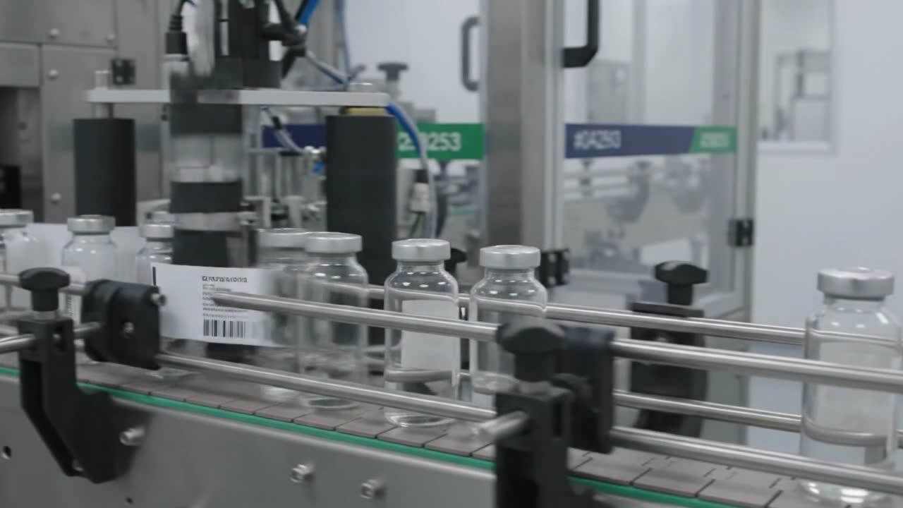A labelling machine applies labels to pharmaceutical vials