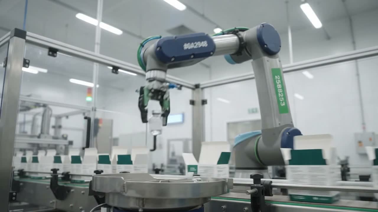 A robotic arm places vials into cartons on a packaging line